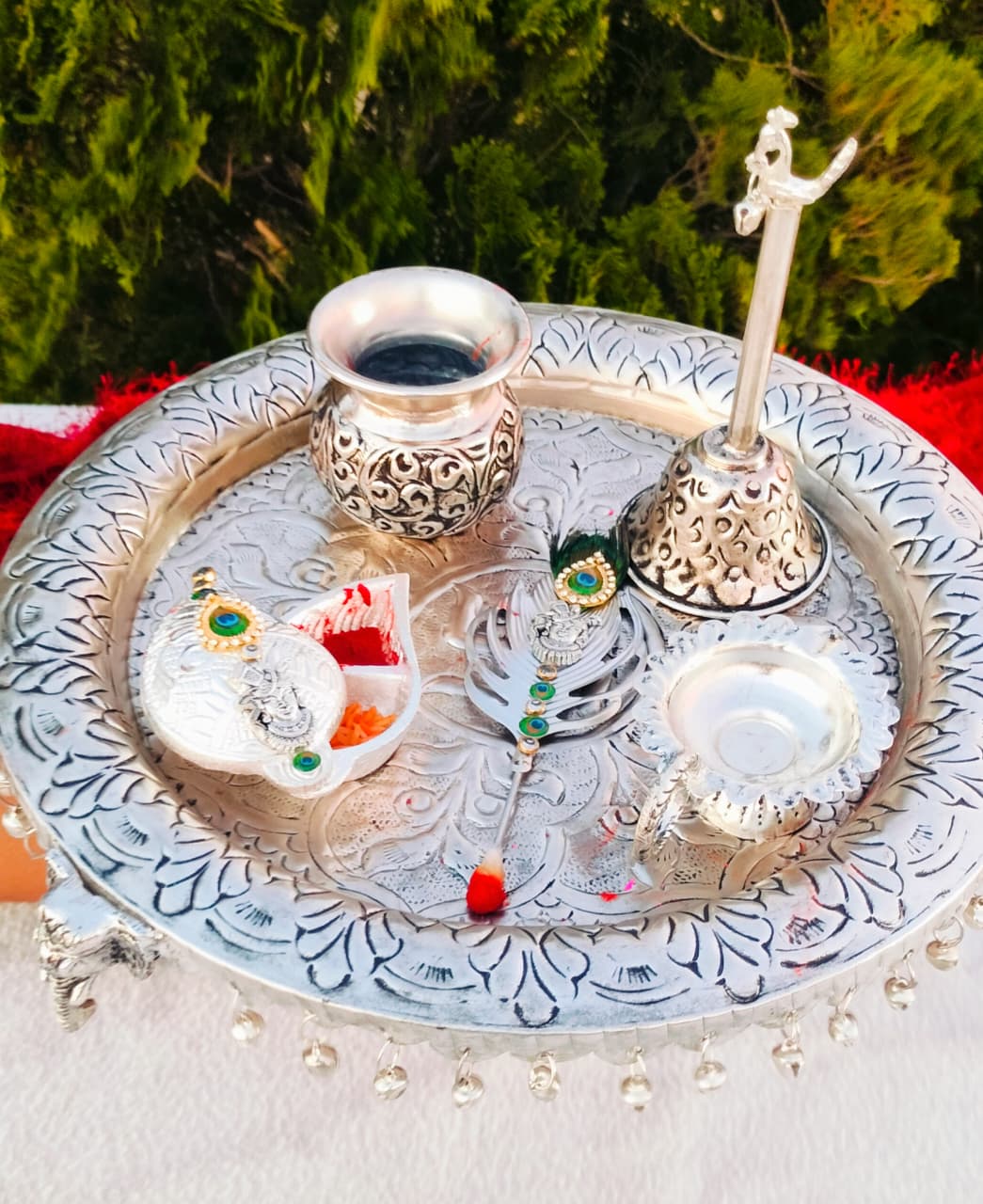 Antique German silver ghungaru thali set with elephant leg &  kumkum chopra